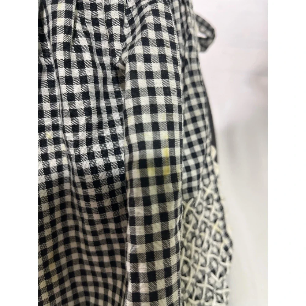 VTG Gingham 1/2 Apron Women Black White Chicken Scratch Embroidery Rickrack Trim